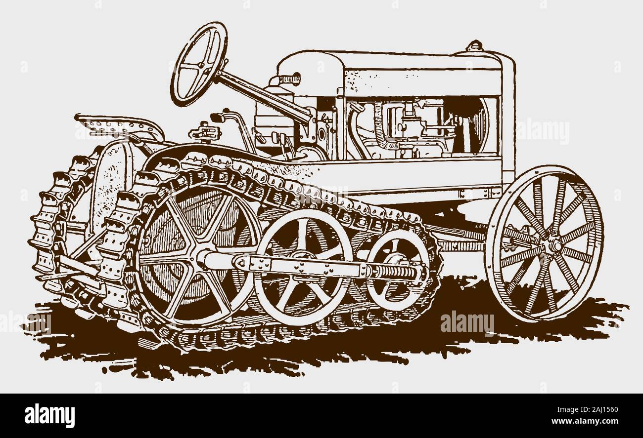 Historical crawler-type tractor. Illustration after an engraving from the early 20th century Stock Vector