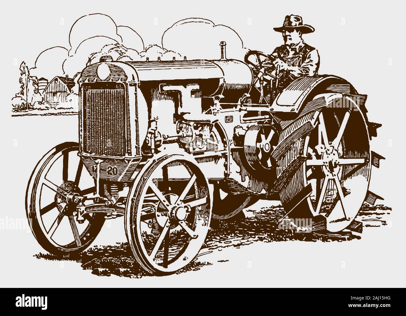 Farmer driving a historical tractor in a field in three-quarter front ...
