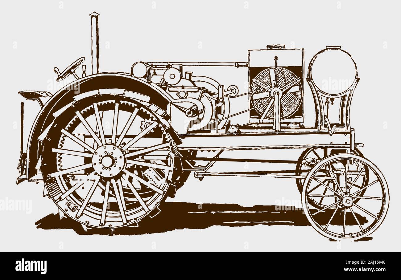 Historical kerosene tractor in side view. Illustration after an engraving from the early 20th century Stock Vector