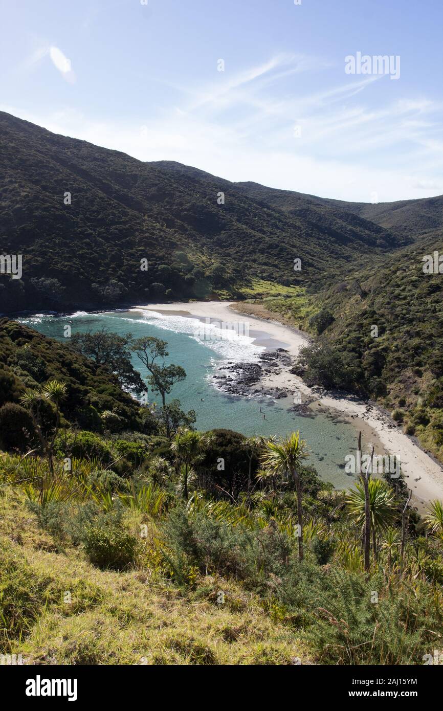 Sandy Bay, a small cove on the Cape Reinga in Northland, New Zealand, on the Te Paki Coastal Track. Stock Photo
