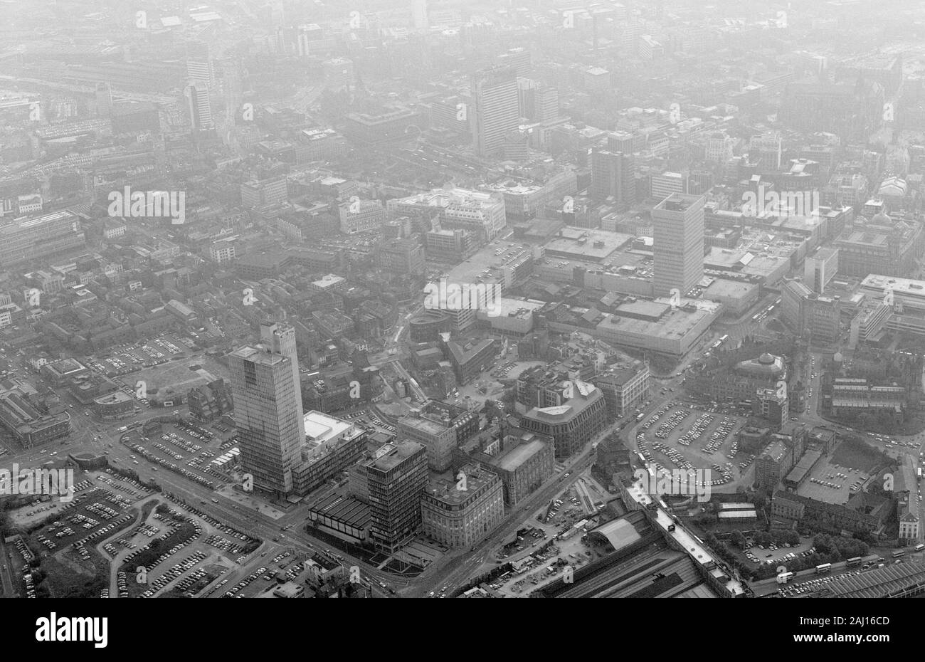 Historic aerial photographs of the Arndale Centre, Manchester city centre, in 1990, North West England, UK Stock Photo