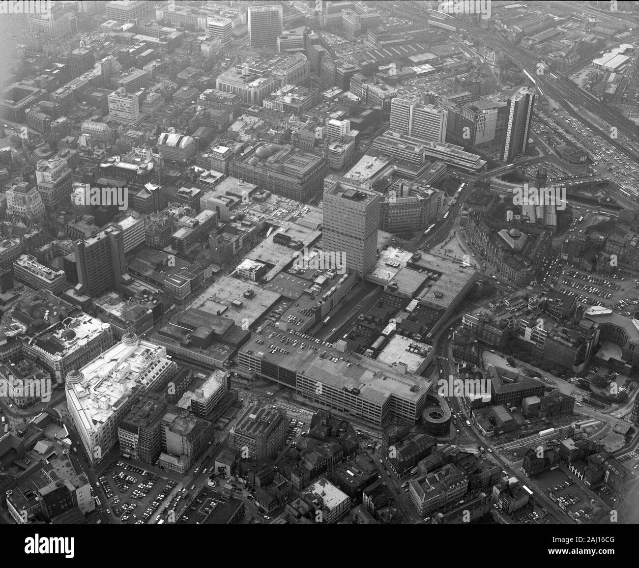 Historic aerial photographs of the Arndale Centre, Manchester city centre, in 1990, North West England, UK Stock Photo