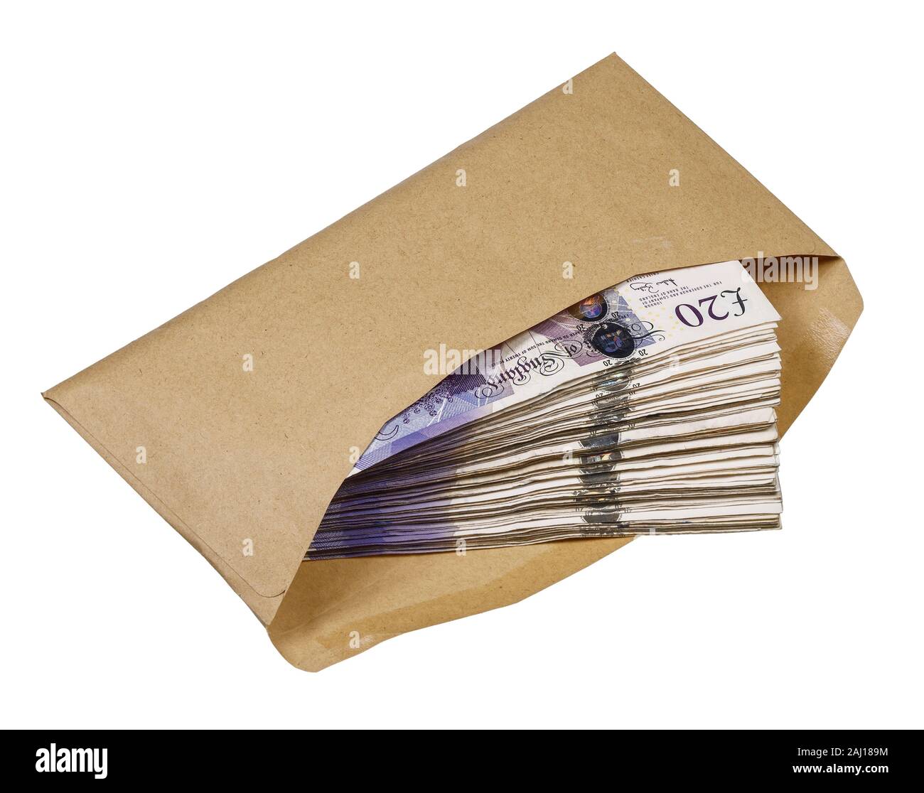 A brown envelope containing £2000 cash in used £20 notes Stock Photo