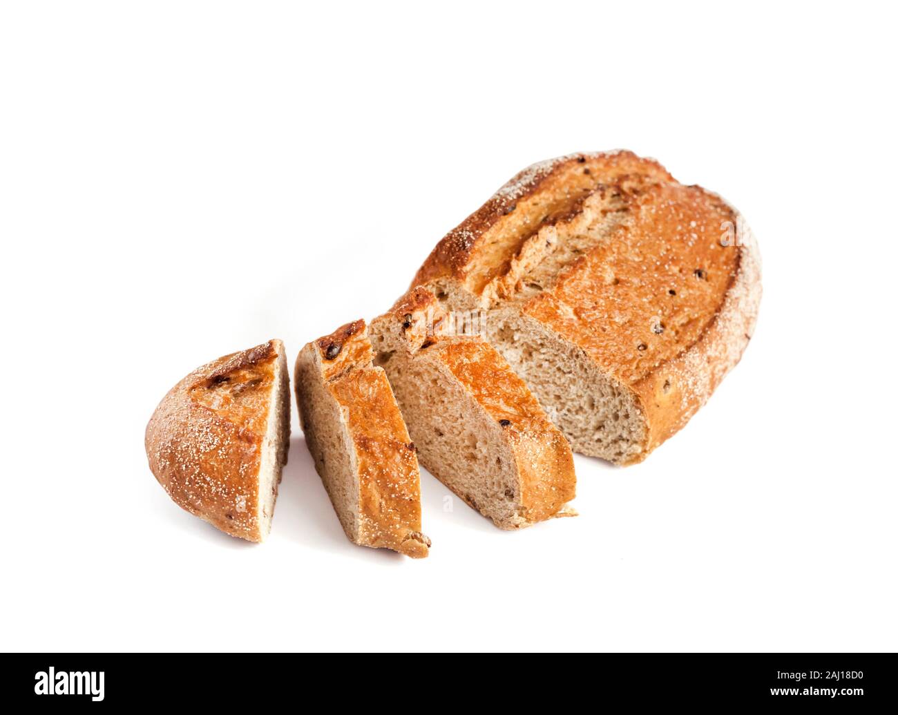 Loaf of whole wheat bread with slices isolated on white background with clipping path Stock Photo