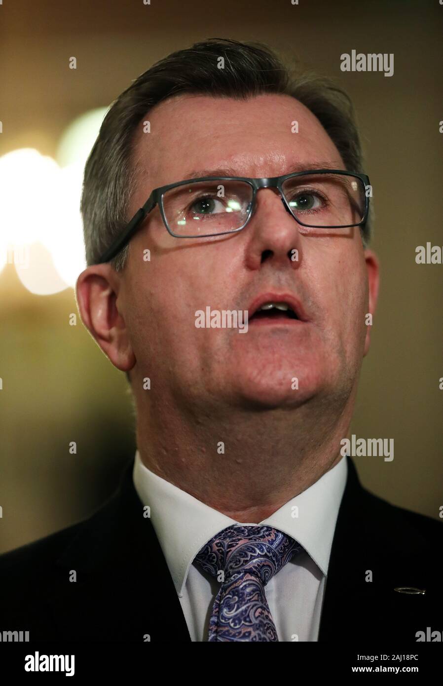 Dup S Jeffrey Donaldson Arrives Speaks To The Media In The Great Hall Of Parliament Buildings Stormont As Talks Aimed At Restoring Powersharing In Northern Ireland Have Resumed Stock Photo Alamy