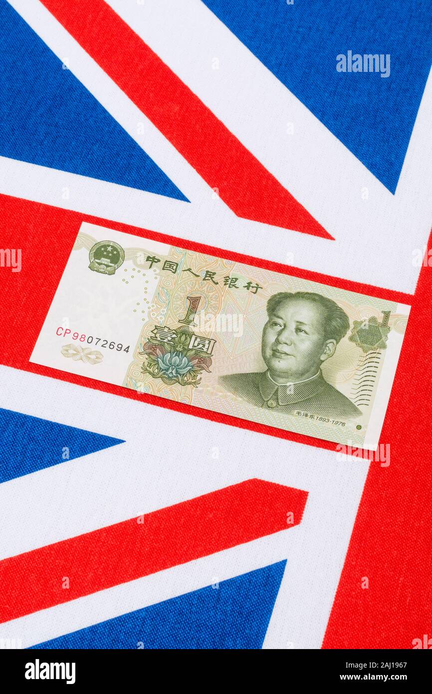 Renminbi Chinese Yuan banknote / Renminbi bill with Union Jack. For UK China trade, Sterling Renminbi exchange rate, exchange rate Yuan Pound. Stock Photo