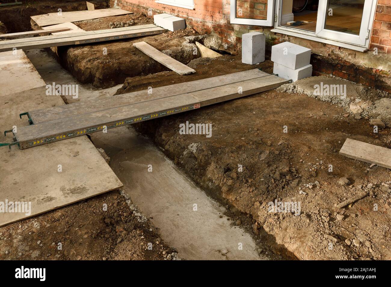 Close up detail of the concrete foundation slab for a rear extension