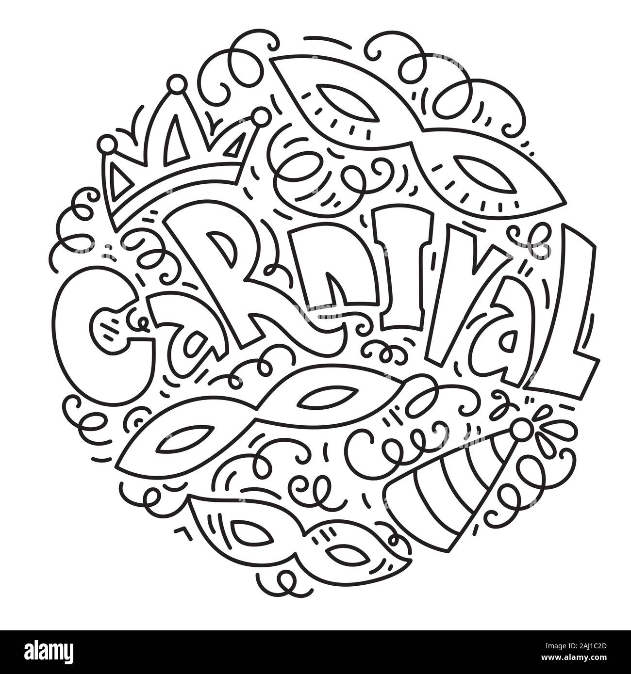 Carnival card design with masquerade masks, crown and jester hat. Black