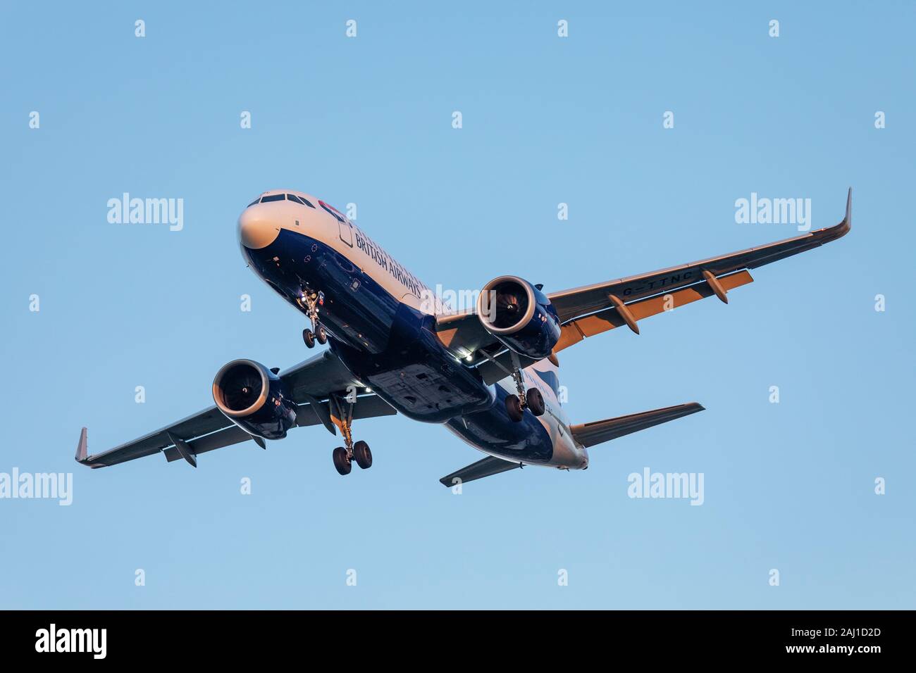 British Airways Airbus A320 NEO registration G-TTNC landing on December 29th 2019 at London Heathrow Airport, Middlesex, UK Stock Photo