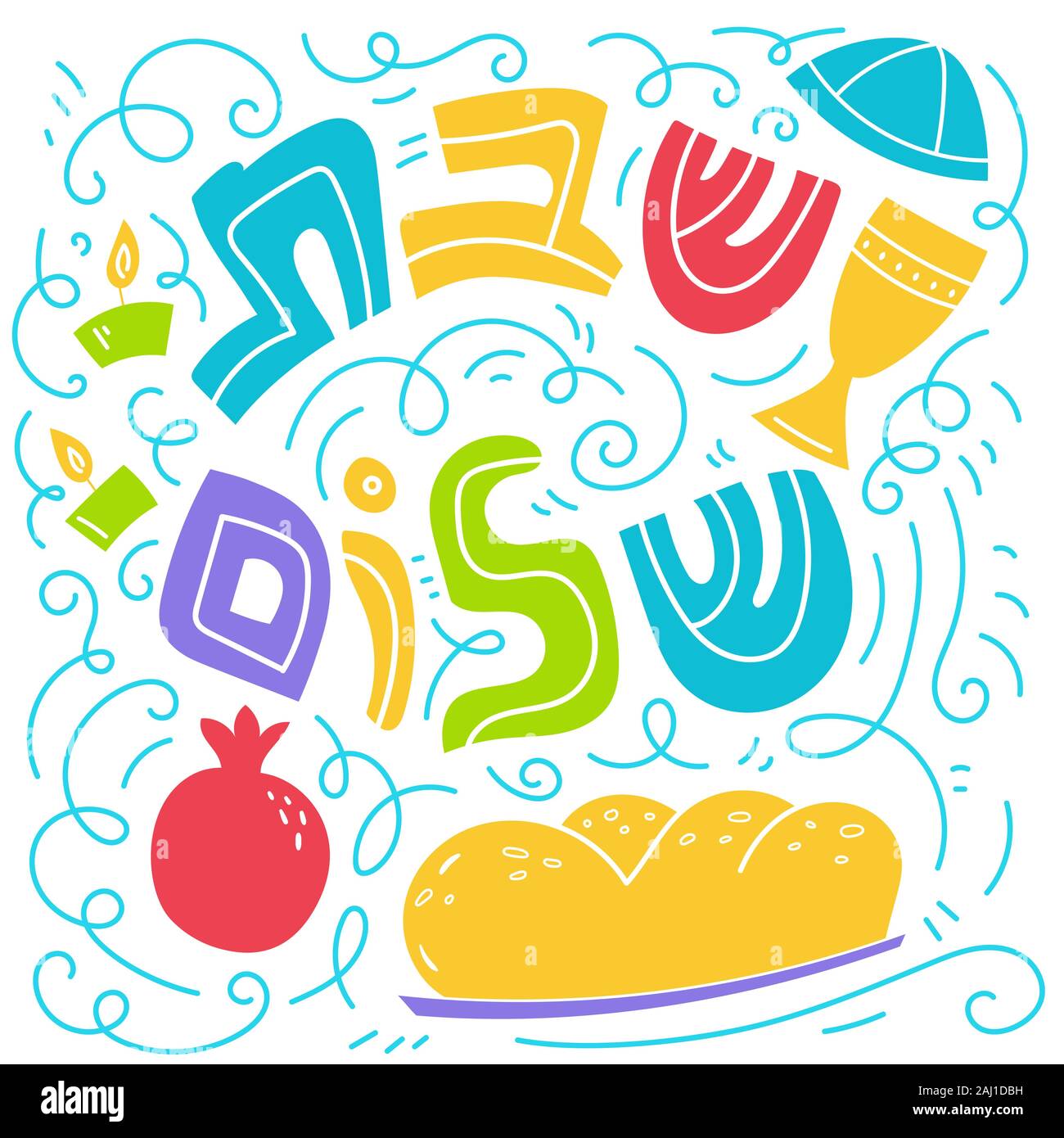 Shabbat shalom greeting card. Hand drawn lettering, candles, kiddush cup and challah. Hebrew text 'Shabbat Shalom'. Vector illustration. Isolated on white. Stock Vector