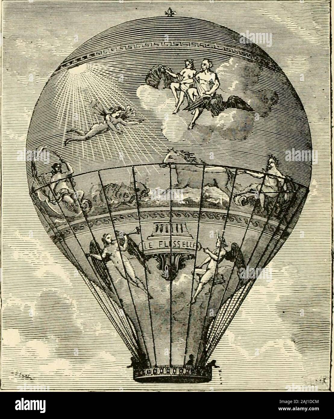 Wonderful ballon ascents : or, The conquest of the skies A history of balloons and balloon voyages . ey were in the gayest humour, and they calcu-lated that the fuel they had would keep them floating tilllate in the evening. Unfortunately, however, after throwingmore wood on the fire, in order to get up to a greater alti-tude, it was discovered that a rent had been made in thecovering, caused by the fire by which the balloon had beendamaged two or three days previously. The rent was fourfeet in length ; and as the heated air escaped very rapidlyby it, the balloon fell, after having sailed abov Stock Photo