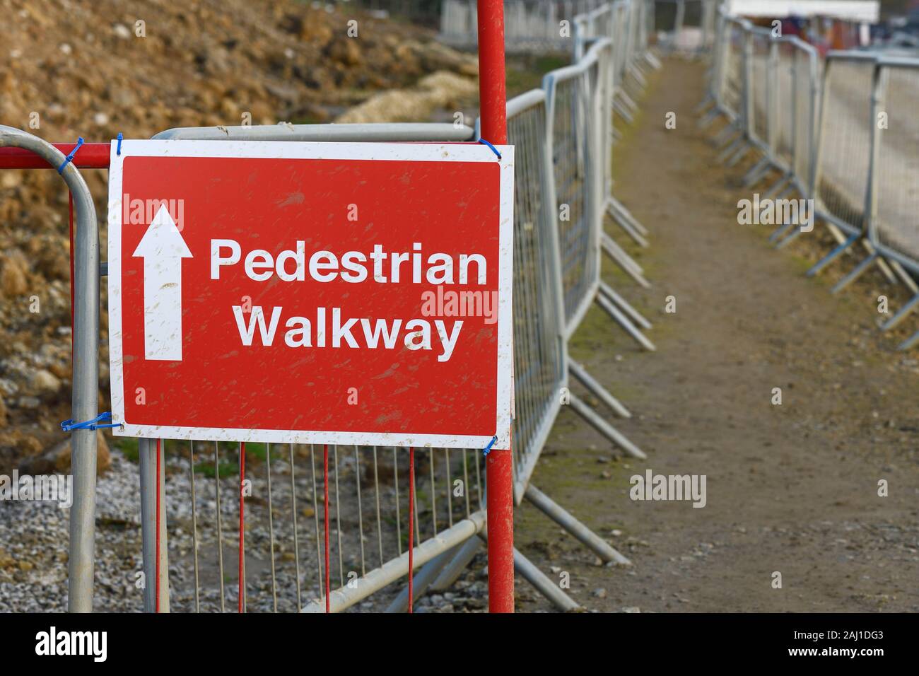 Pedestrian walkway sign on a UK housebuilding site Stock Photo