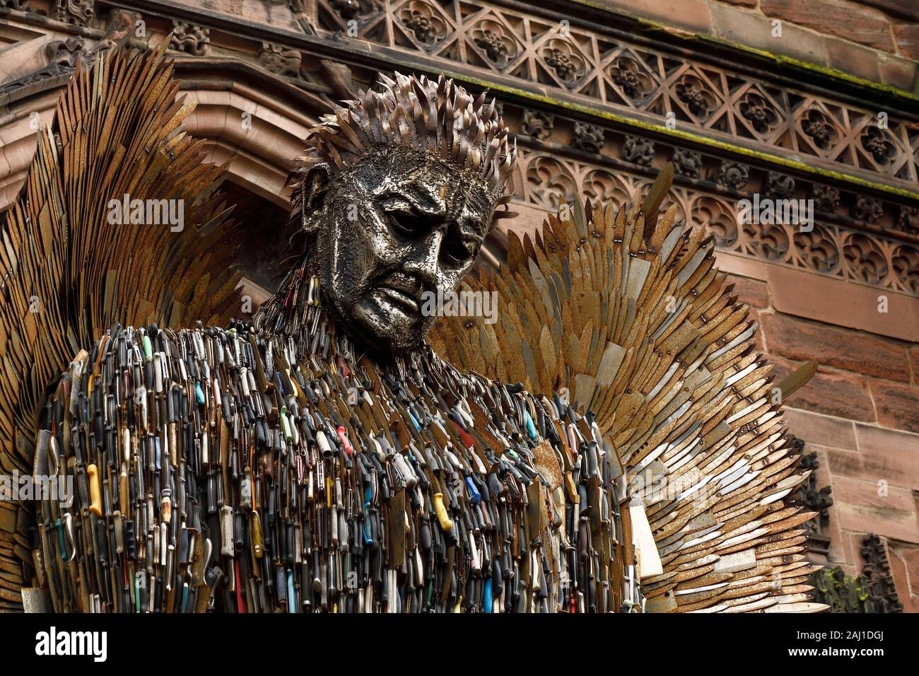 The Knife Angel sculpture by Alfie Bradley standing outside Chester Cathedral during November 2019 Stock Photo