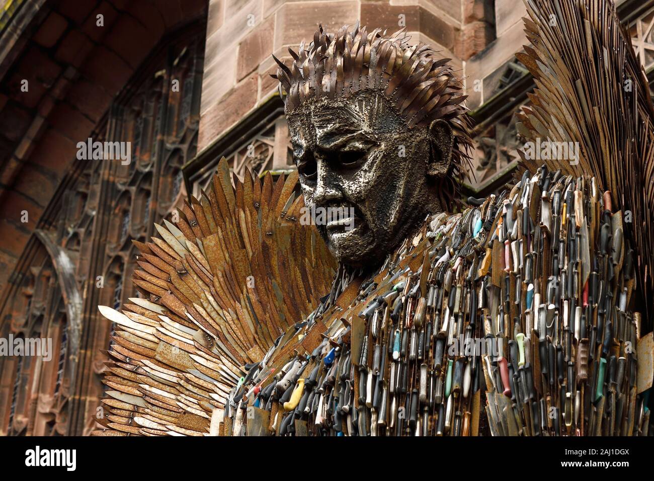 The Knife Angel sculpture by Alfie Bradley standing outside Chester Cathedral during November 2019 Stock Photo