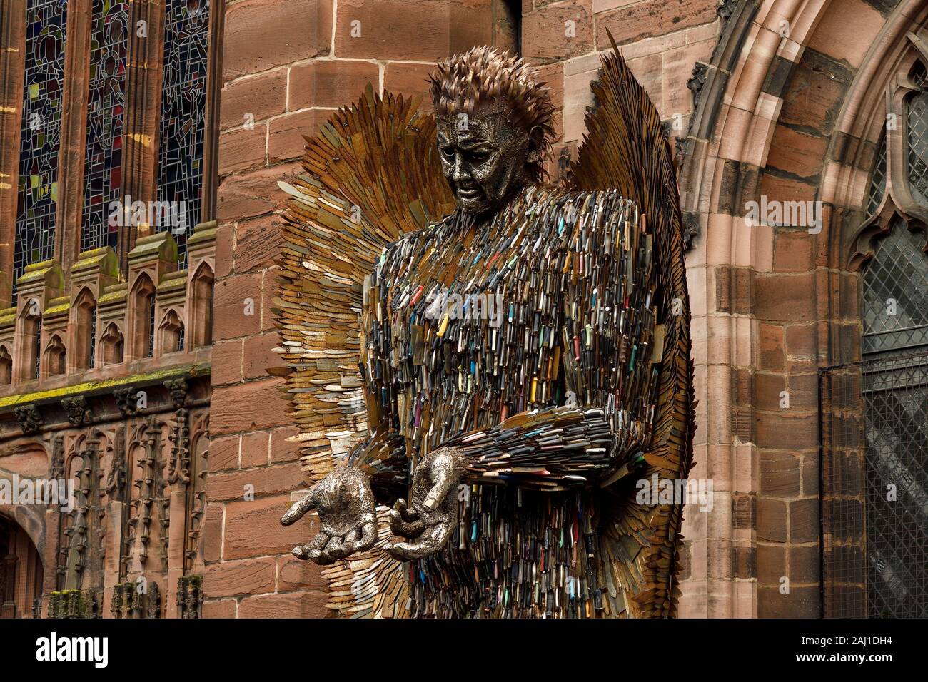 The Knife Angel sculpture by Alfie Bradley standing outside Chester Cathedral during November 2019 Stock Photo