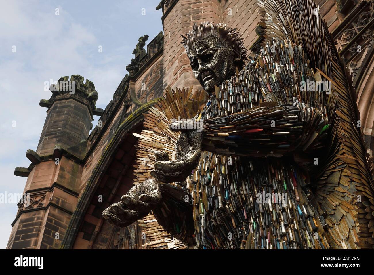 The Knife Angel sculpture by Alfie Bradley standing outside Chester Cathedral during November 2019 Stock Photo