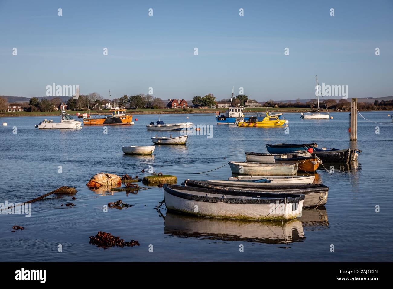 Boats moored near Itchenor, Chichester Harbour, West Sussex, December 25th 2019 Stock Photo