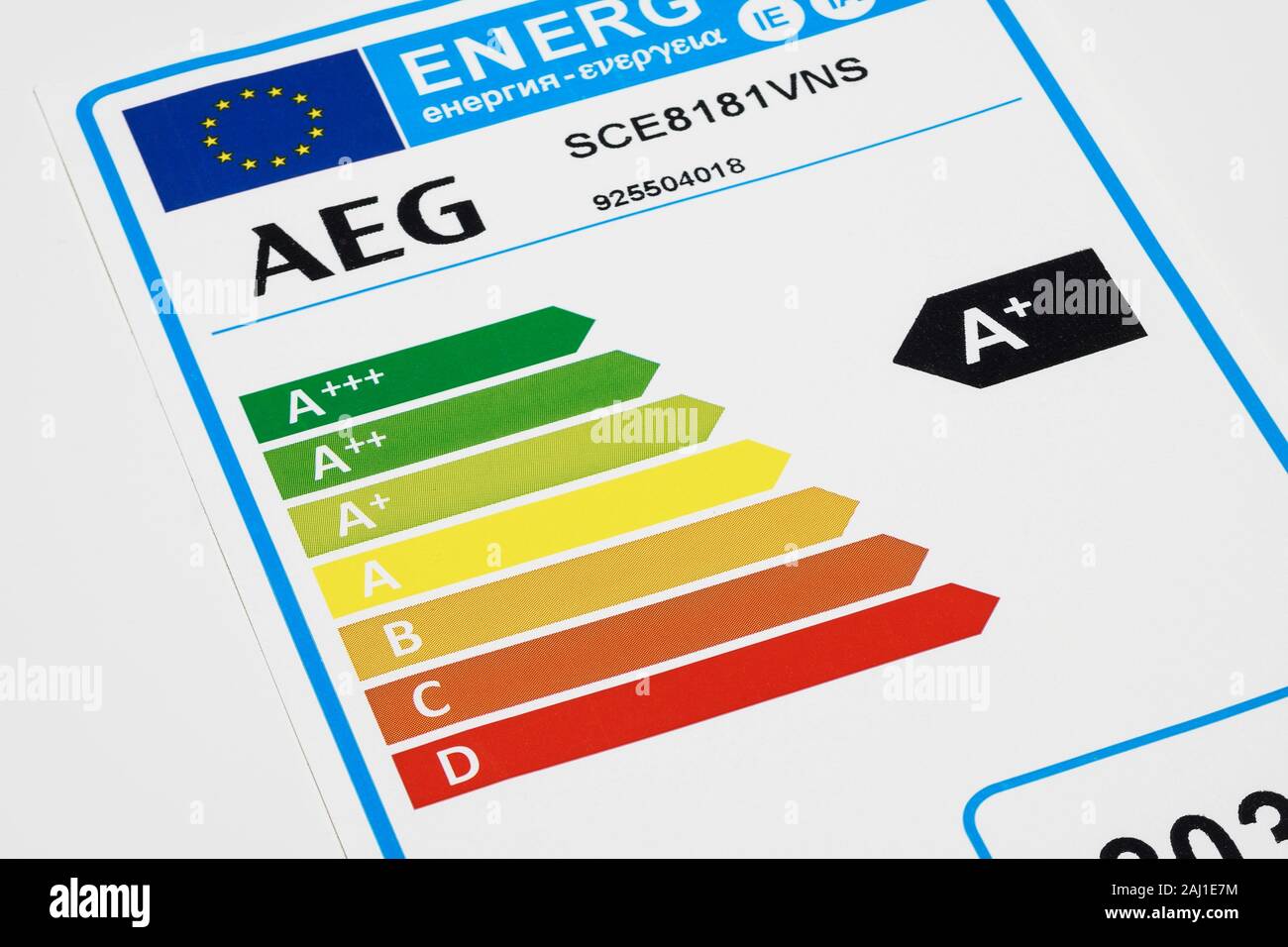 An energy rating label on an AEG fridge freezer Stock Photo