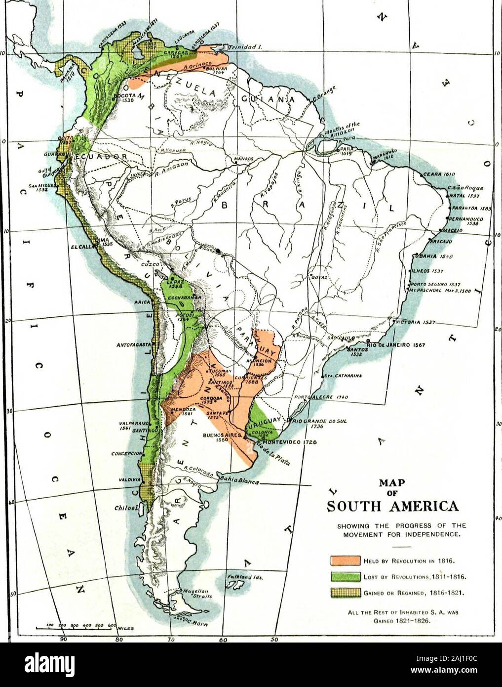 The South American republics . §Trinidad I.. SOUTH AMERICA SHOWING THE PROGRESS OF THEMOVEMENT FOR INDEPENDENCE. Held by Revolution in 1816. J Lost qv Revolutions, 1811-1816.Gained or Regained, 1816-1821. All the Rest of Inhabited S. A, wasGained 1821-1826. INf)EX Abascal, General, Viceroy ofPeru, 73-78, 163, 168, 260 Abibe Mountains, 40S Acha, General, 276 Aconcagua River, the, 223;plain of, 168 Acosta, Juan, 56 Acosta, President of Colombia,464, 465 Acre River, the, 280 Adelantados, 26, 349, 414, 417Agua Dulce, battle of, 484, 485Alansi, valley of, 291Alcantara, Francisco, 26, 46Alfaro, Pre Stock Photo