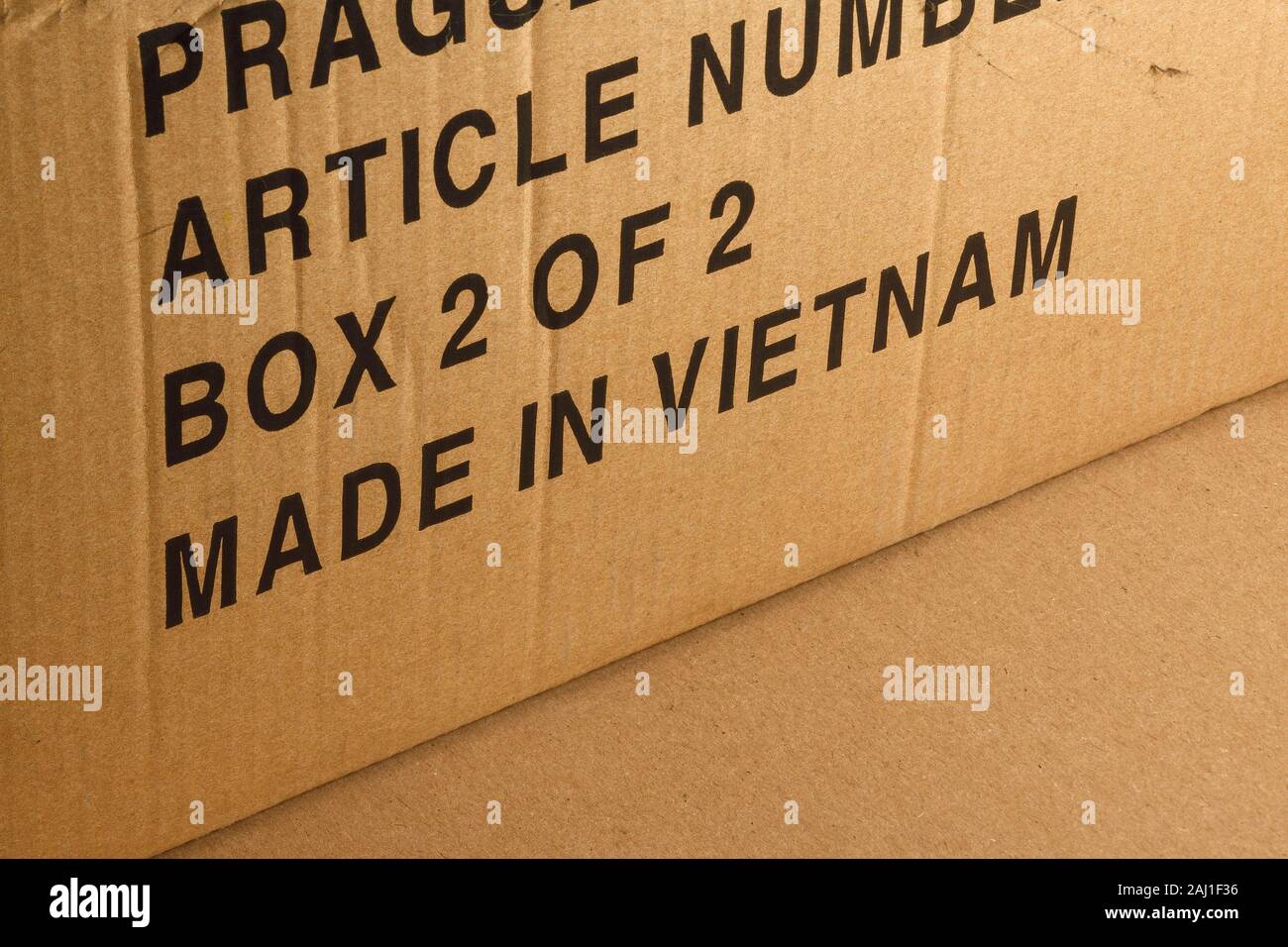 Close up detail of a box for some flat pack furniture indicating Made In Vietnam Stock Photo