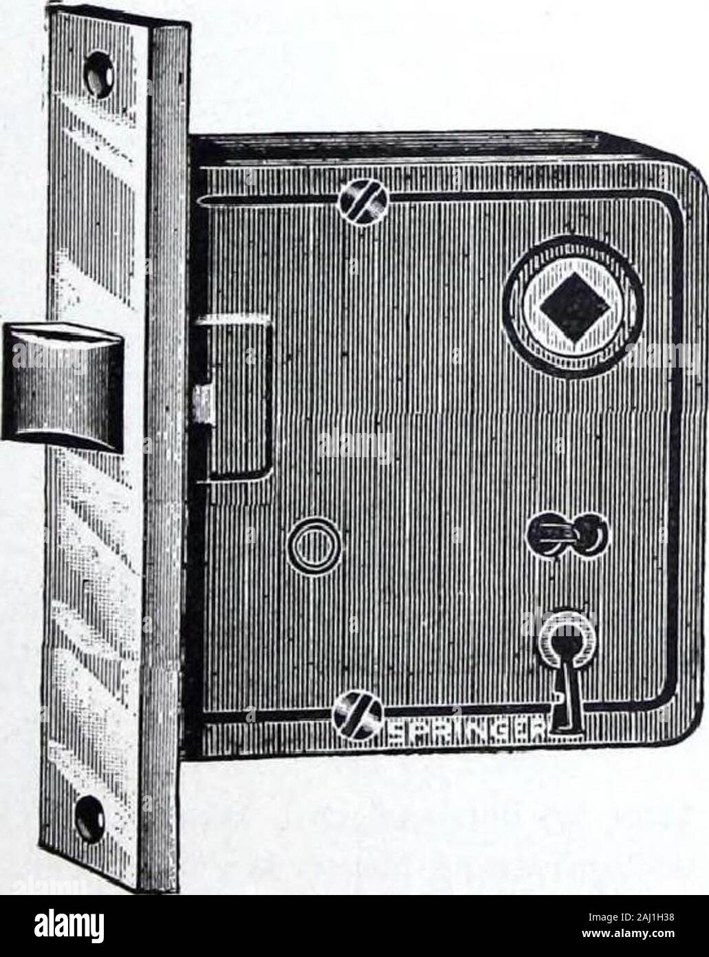 Illustrated Catalogue of Locks and Builders Hardware . e^4f^ x 3J^ x ^^ in Cast Iron. Front—6&gt;g x 1&gt;^ in. Cast Bronze. Spacing—3 5^ in. Backset—2JJ-ie in. Action—Coil Spring on Knob and Latch;Key—N.P. Steel No. 260. No. 820 —Cast Bronze Front, Oae Tumbler,Key No. 260. No. 8203—Cast Bronze Front, Three Tumb-lers, Key No. 260. MASTER KEYING I Three Tumbler Locks—-Master-keyed inone set of 360 all different, or in 6 sets of60 each. Each set passed by its ownMaster key and all passed by GrandMaster key. Also Master-keyed withother locks having same class Masterkey, WITH EXTRA HEAVY KEY. No. Stock Photo