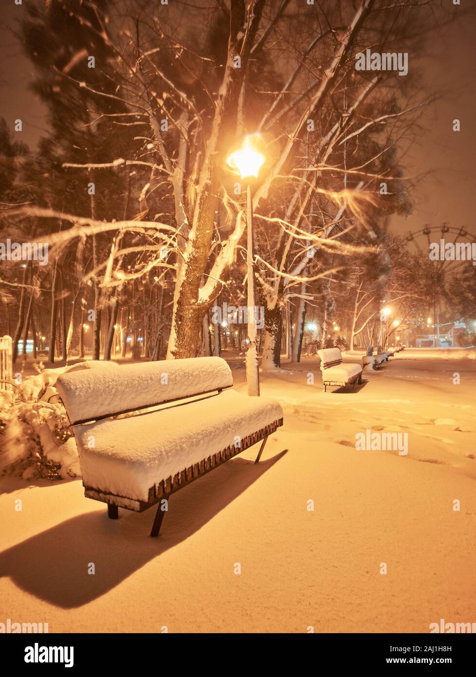 Benches in the winter city park. Filled up with snow. Snow covered ...