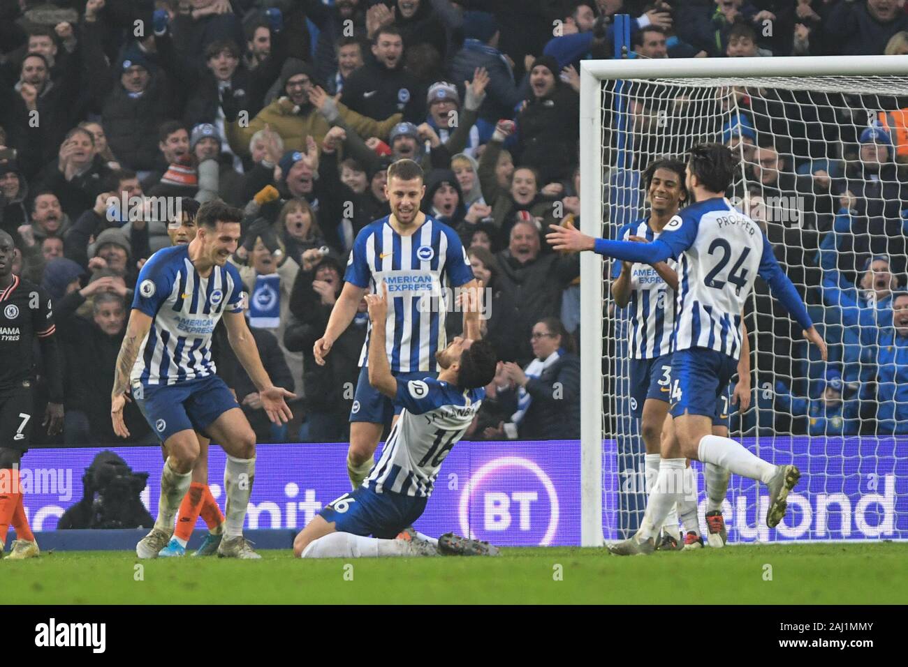 1st January 2020, American Express Community Stadium, Brighton and Hove, England; Premier League, Brighton and Hove Albion v Chelsea :Alireza Jahanbakhsh (16) of Brighton & Hove Albion FC celibrates his great goal to make it -1-1 Credit: Phil Westlake/News Images Stock Photo