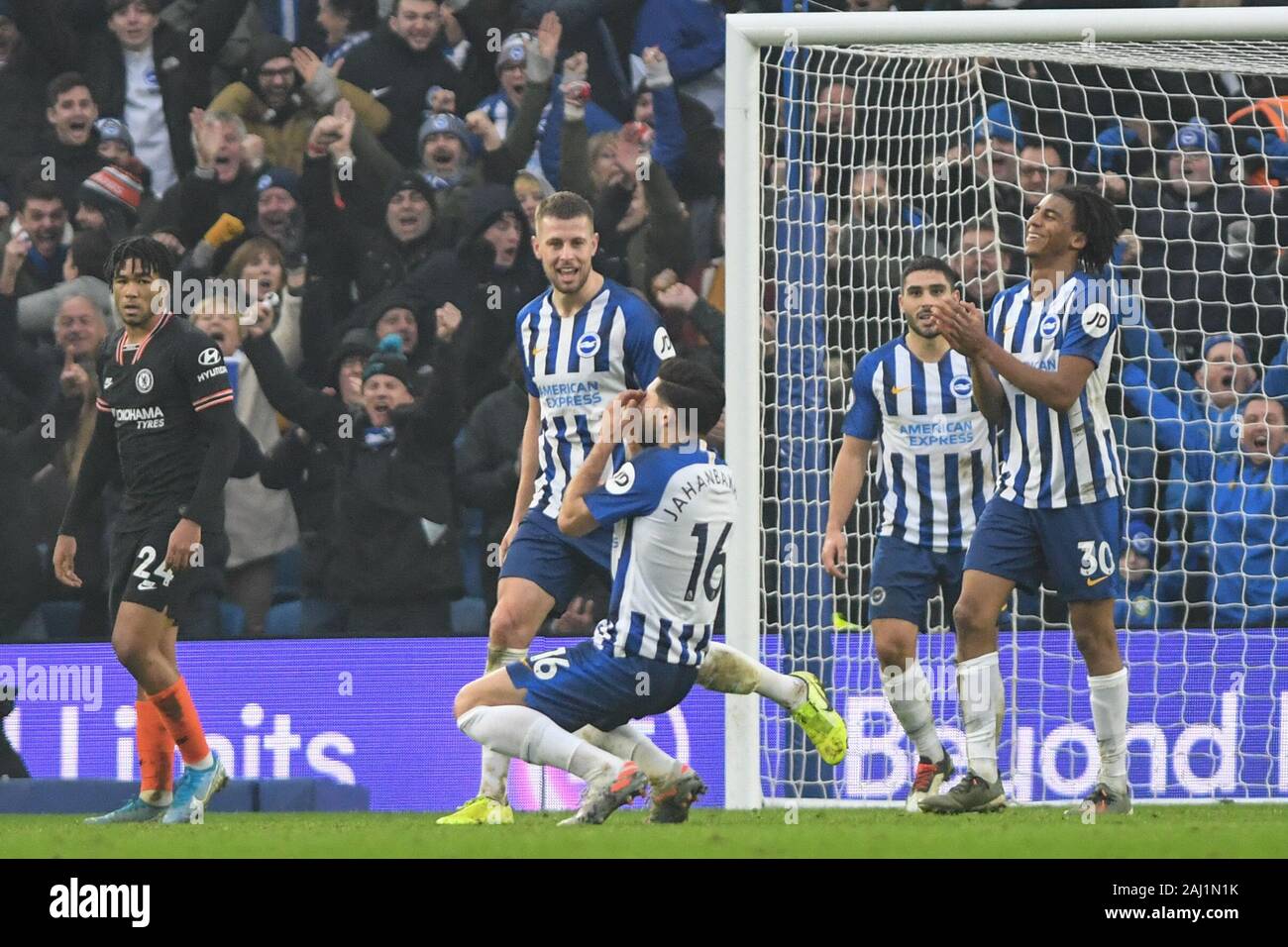 1st January 2020, American Express Community Stadium, Brighton and Hove, England; Premier League, Brighton and Hove Albion v Chelsea :Alireza Jahanbakhsh (16) of Brighton & Hove Albion FC celibrates his great goal to make it -1-1 Credit: Phil Westlake/News Images Stock Photo