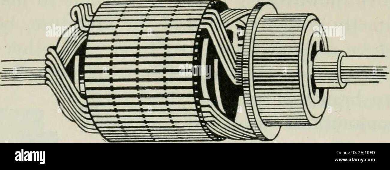 An elementary book on electricity and magnetism and their applications . Brush Holder Fig. 139. — Commutatorand brush with itsholder. 206 ELECTRICITY AND MAGNETISM which the wires lie (Fig. 140). Since the active wires in oneslot are connected across the end with active wires in anotherslot, there are no idle wires inside the core.. Fig. 140. — Slotted armature core, drum type. Partly wound. 144. Field magnets. The magnetic field in which the arma-ture revolves is ordinarily produced by a great electromagnet.The frame of this electromagnet (Figs. 141 and 142) is so ar-ranged that it can hold t Stock Photo