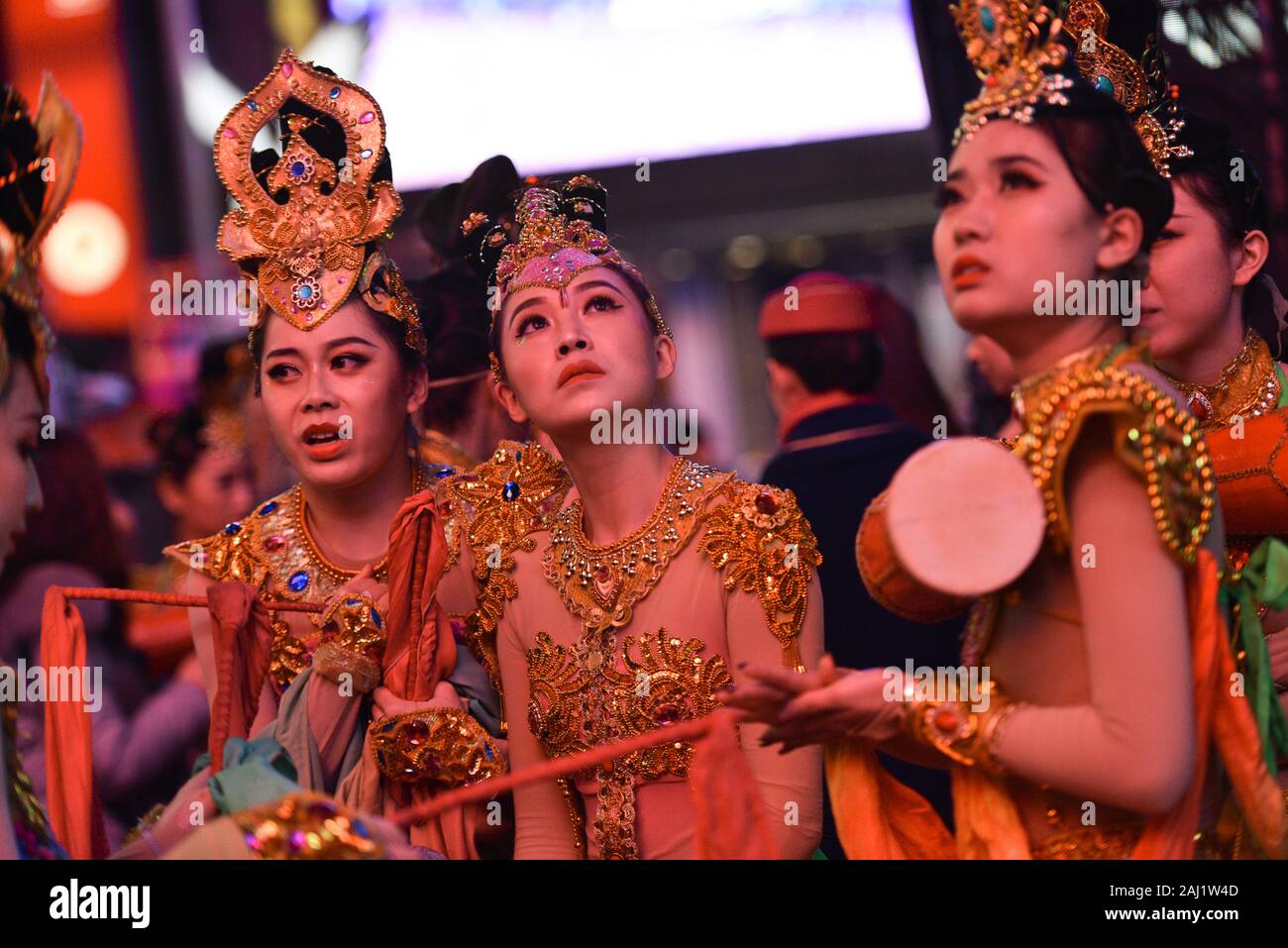 New Years Eve revelers are seen during the Times Square New Year's Eve 2020 Celebration on December 31, 2019 in New York City. Stock Photo