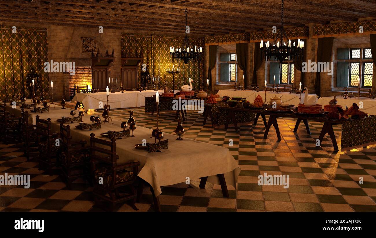 3d Rendering Of A Medieval Banquet Hall Interior Stock Photo Alamy