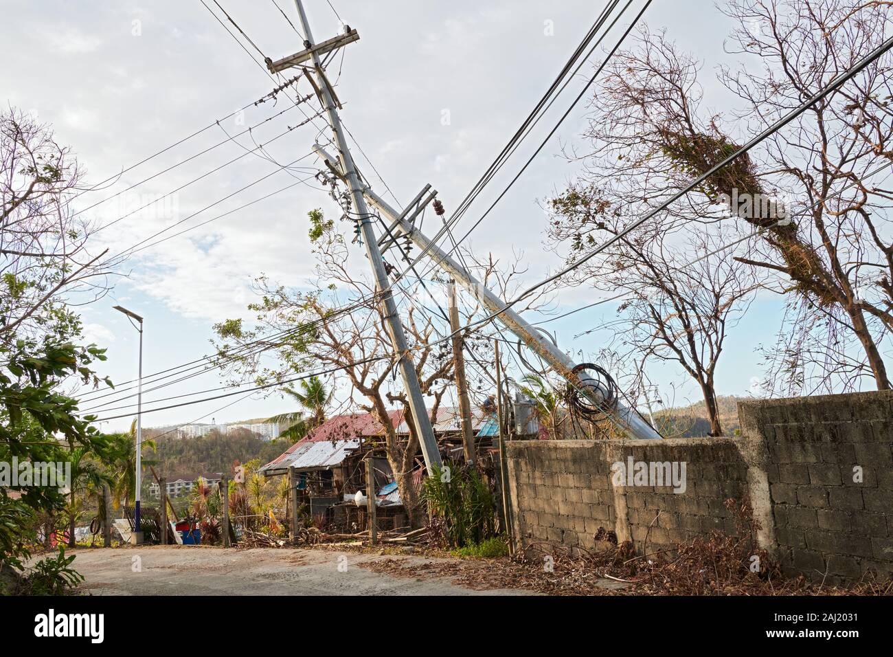 Boracay Island, Aklan Province, Philippines: Typhoon Ursula caused fallen trees, broken power lines, structural damages on Boracay Stock Photo