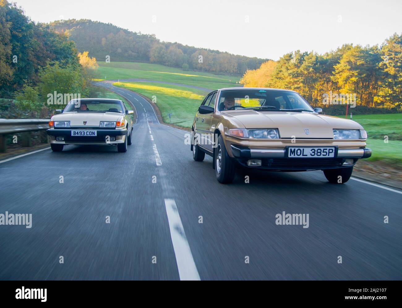 Rover SD1 cars driving together - 1985 2.4 diesel (left) and 1976 3500 V8 (right), classic British cars Stock Photo