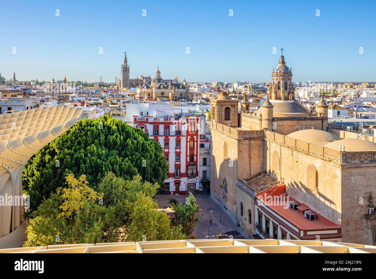 Seville Skyline of Cathedral and city rooftops from the Metropol Parasol, Seville, Andalusia, Spain, Europe Stock Photo
