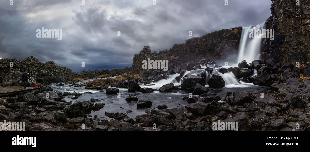 Oxararfoss, a great waterfall in thingvellir natural park Stock Photo