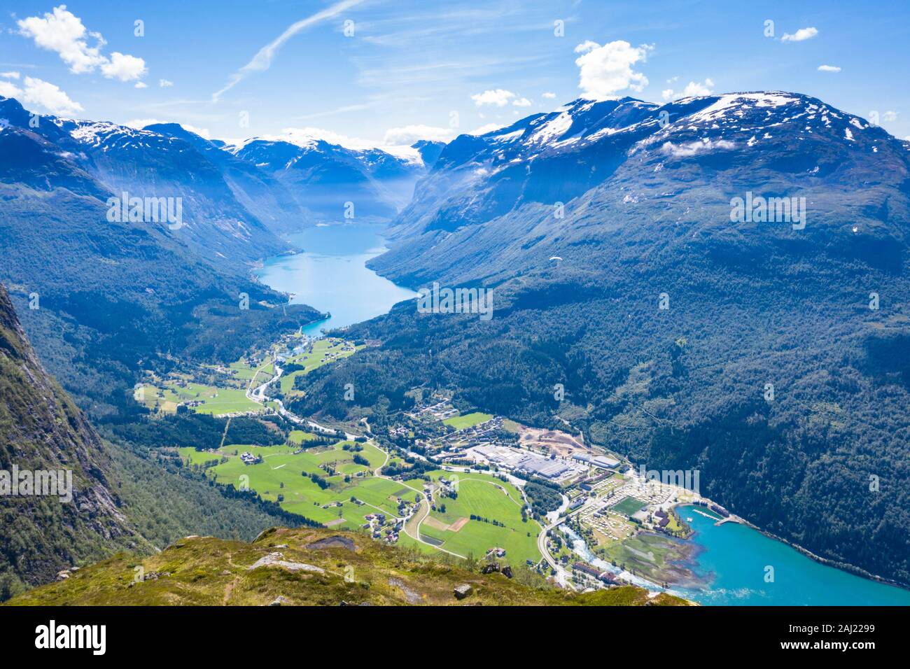 Aerial view of lake, Loen village and Nordfjord, Stryn, Sogn