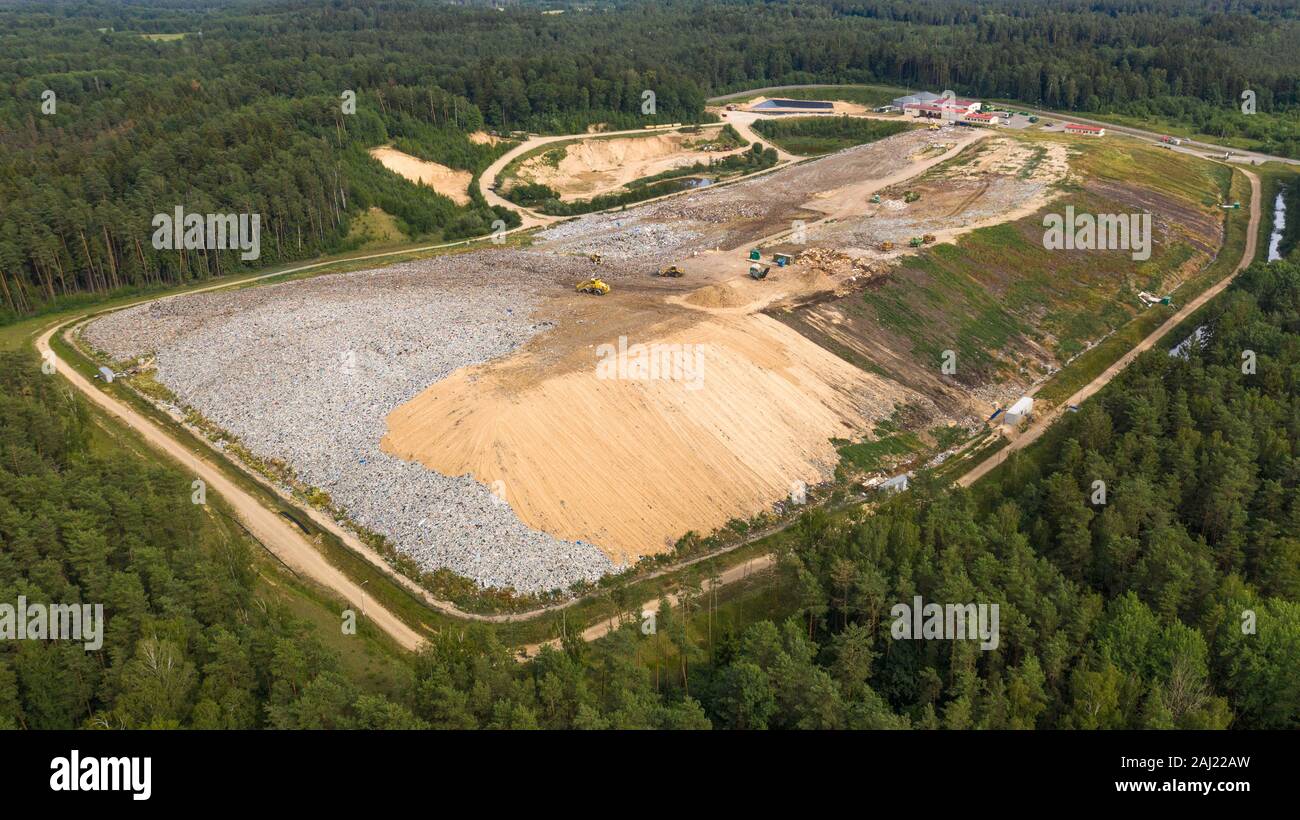 Landfill City Waste Management Site. Environmental Aerial Photo showcasing consumer products scattered around City Waste Dump Stock Photo