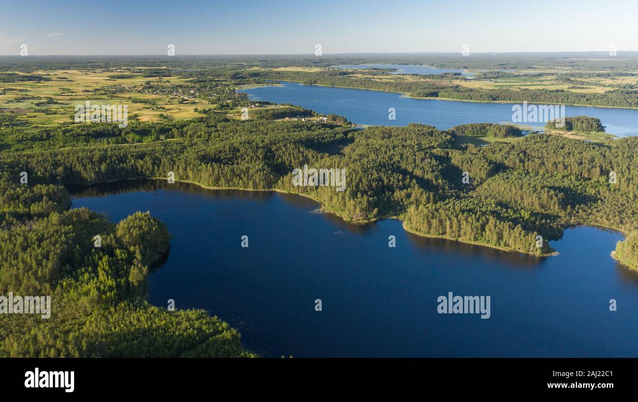 Aerial view of Beautiful Nature, forests lakes in Canada. Woods with beautiful trees and blue lakes. Stock Photo