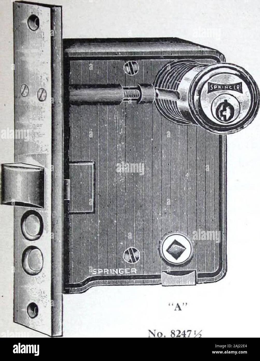 Illustrated Catalogue of Locks and Builders Hardware . «§^ The Springer Lock Manufacturing Company, Limited 9 *^!:&gt; CYLINDER VESTIBULE SECTIONAL LATCH. Case—5}4 x 3^ x ^ in. Front—7&gt;^ x l&gt;i in. Backset—2&gt;4 in. Spacing—Centre of Cylinder to centre ofknob hub 3% in. Centre of Cylinder to underside of LeverA AH in. Keys—Three Nickel Silver, No. 263.Action—Double Coil Spring. No. 8247M Operation—Latch from inside by knob at all times. From outside by thumb piece except whenoutside thumb piece is set by stops in face of lock. Then by keys only from outside. This latch is for use with (S Stock Photo