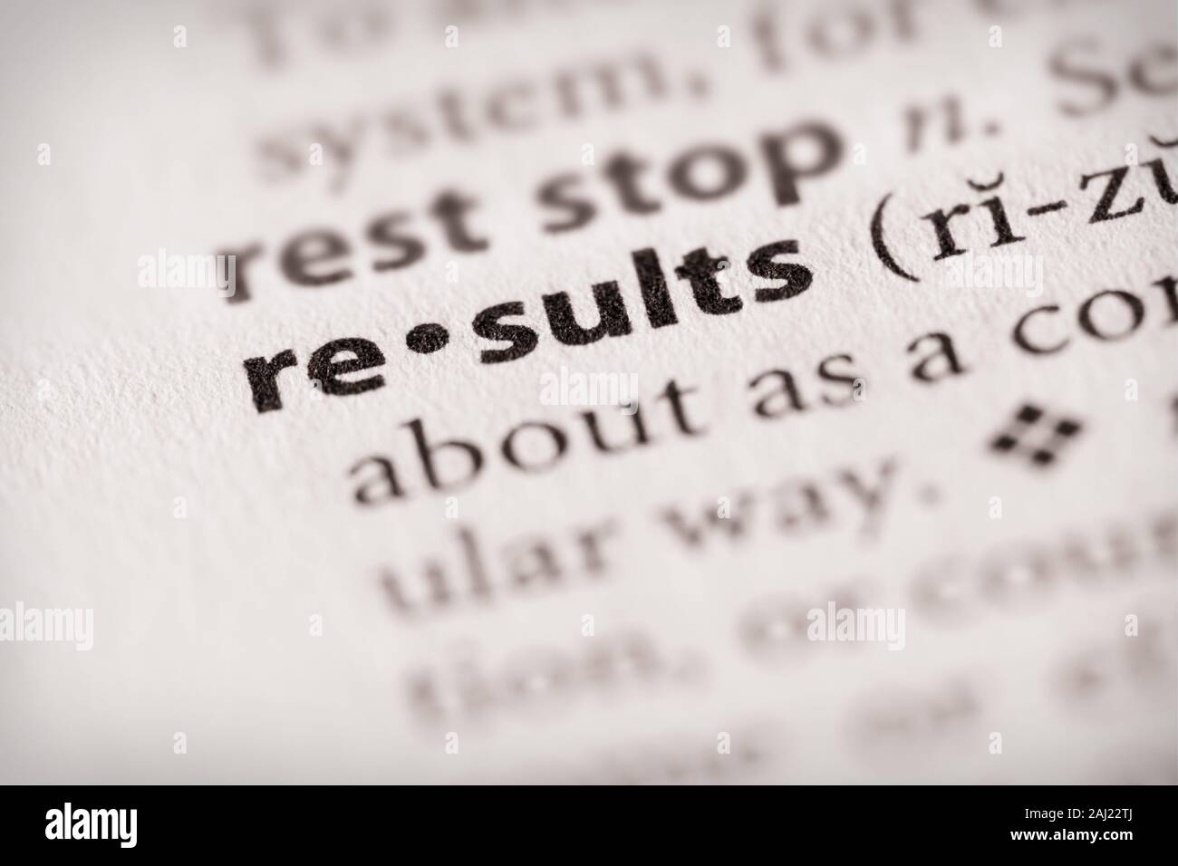 Selective focus on the word “results”. Many more word photos in my portfolio. Stock Photo