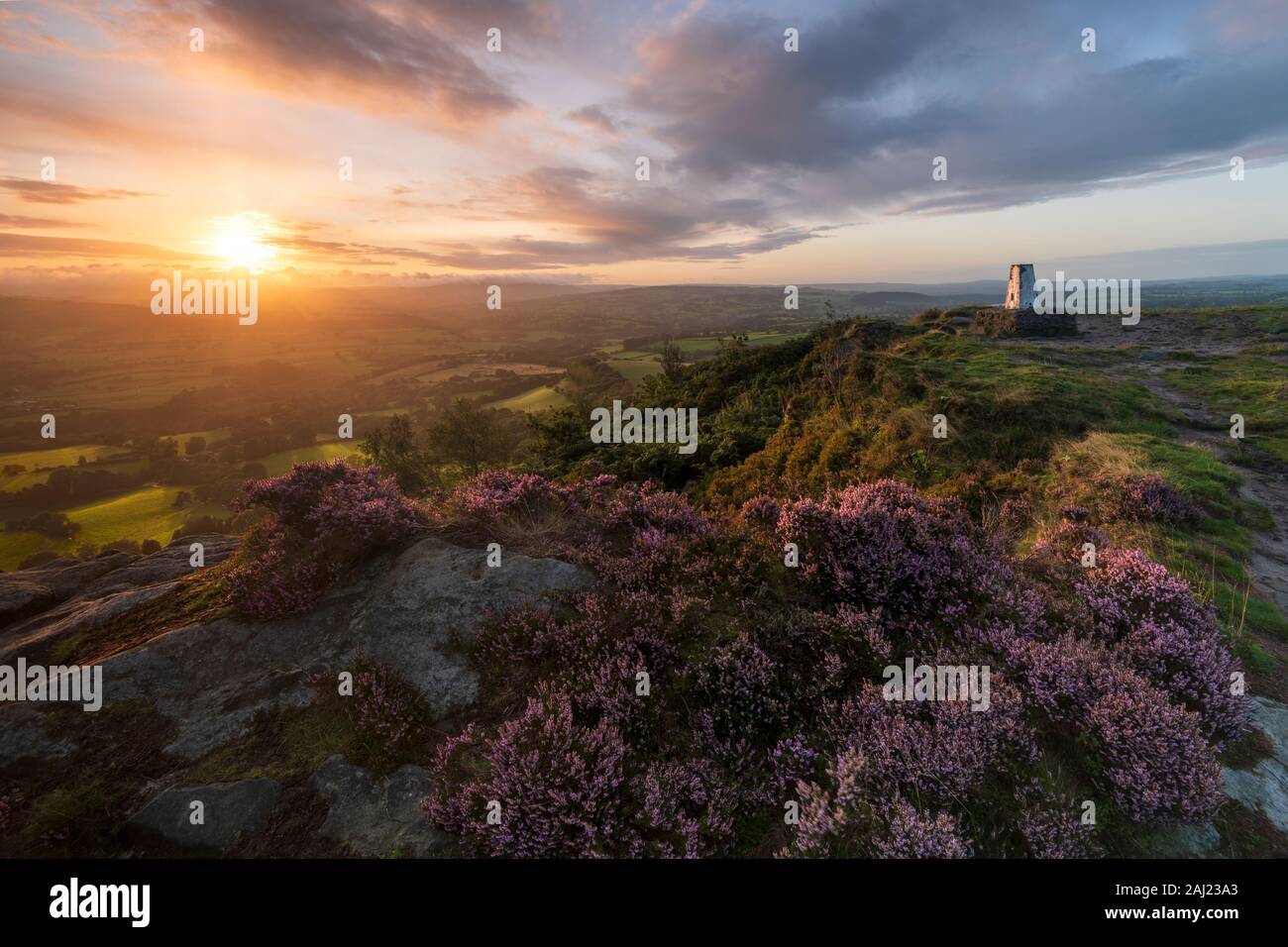 The survey point at Cloudside with amazing sunrise in summer, Congleton, Cheshire, England, United Kingdom, Europe Stock Photo