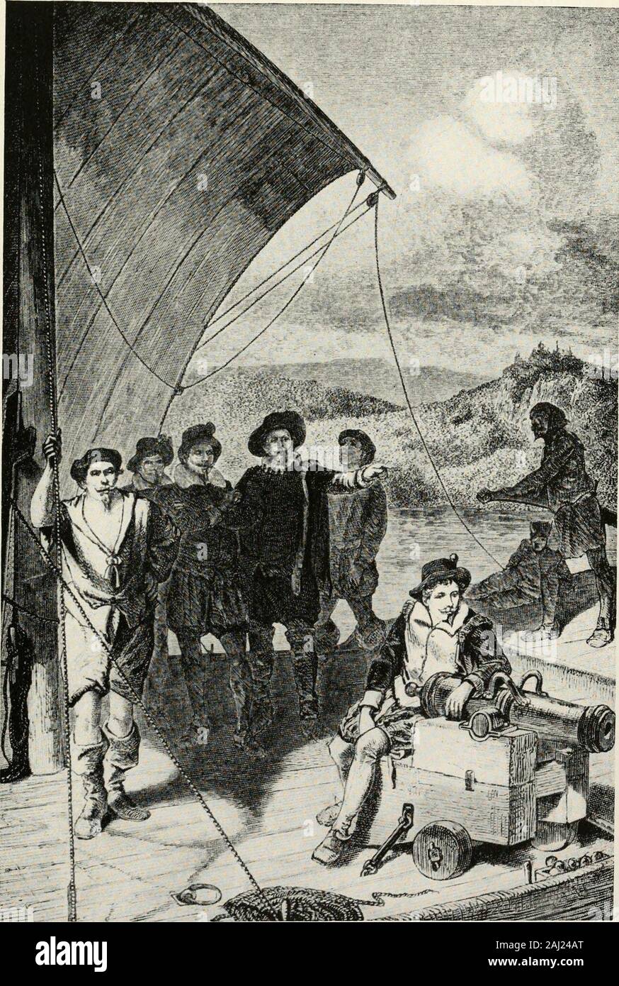 History of the Pilgrims and Puritans, their ancestry and descendants; basis  of Americanization . LANDING OF THE PILGRIMS 341. GEORGE WEYMOUTH SKIRTING  THE COAST OF MAINE. 342 HISTORY OF THE PILGRIMS AND, image size:874x1390