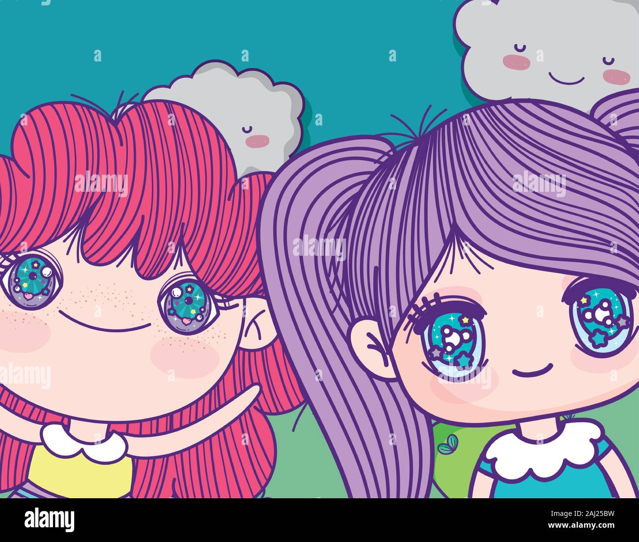 Kids Little Girls Anime Cartoon Characters Clouds Sky Vector Illustration Stock Vector Image Art Alamy