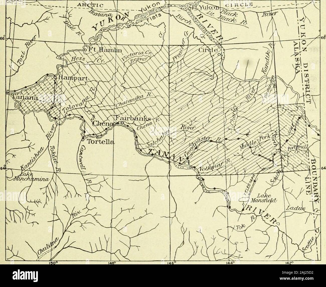 Water Supply and Irrigation Papers of the United States Geological Survey . gles. The location of the quadrangles surveyedin the Yukon-Tanana region and of the quadrangles in which lie thedrainage areas of the streams studied is shown in the index map,figure 1. Gold was discovered in the Fortymile district in 1886 and in theBirch Creek and Rampart districts in 1893, but not until the discov-eries in the Klondike in 1896 did the rapid development of theinterior of Alaska begin and Circle and Rampart become supplypoints for the mining camps along the Yukon. The Fairbanks dis- GENERAL DESCRIPTION Stock Photo