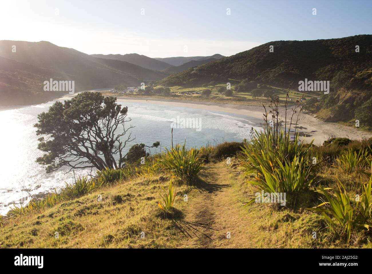 Early morning aerial view of Tapotupotu Bay in Northland, New Zealand, on the Te Paki Coastal Track Stock Photo