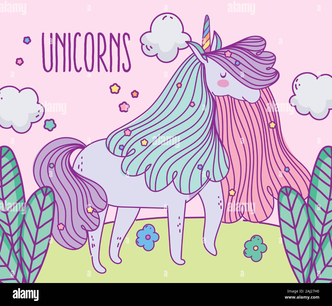 unicorn in the field with flowers fantasy magic cartoon vector ...