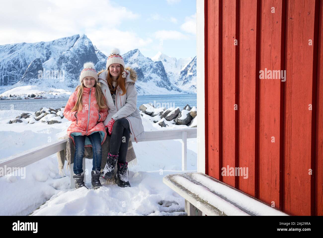 happy norwegian mom and daughter pose for the camera. Lofoten islands.  Norway Stock Photo - Alamy