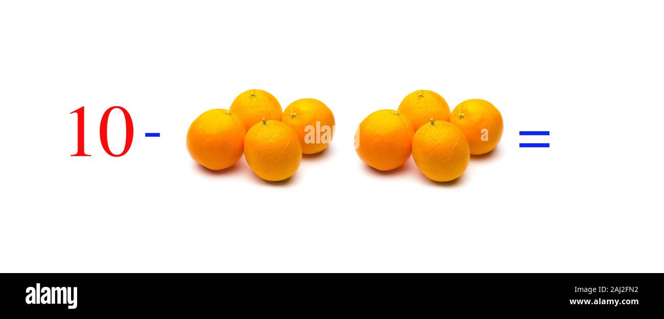 Simple subtraction problems with oranges, mathematical problems for children who study and want to learn math and calculus; learn to subtract with fru Stock Photo