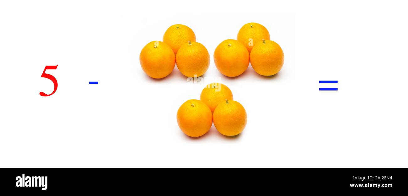 Simple subtraction problems with oranges, mathematical problems for children who study and want to learn math and calculus; learn to subtract with fru Stock Photo
