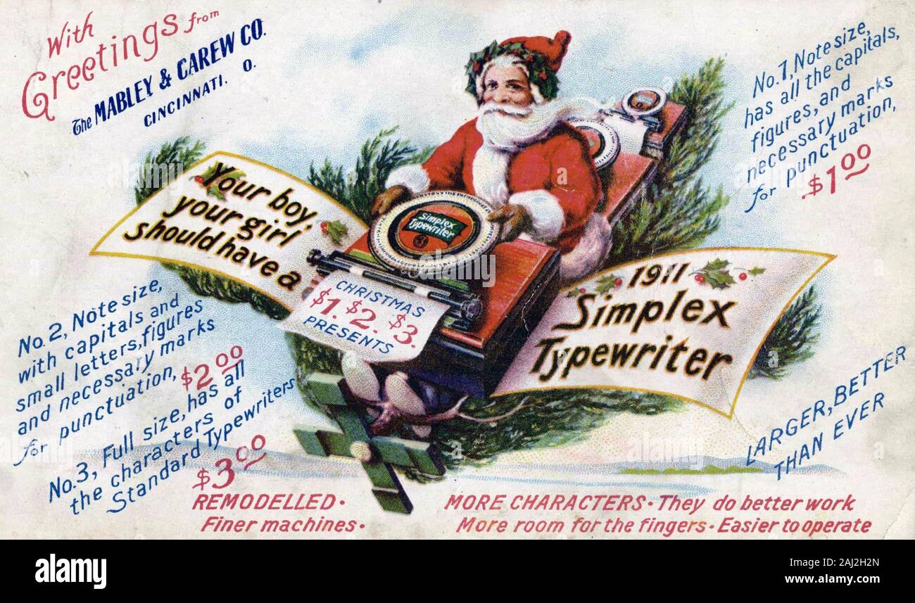 AMERICAN PROMOTIONAL CHRISTMAS CARD for Simplex Typewriters about 1900 Stock Photo